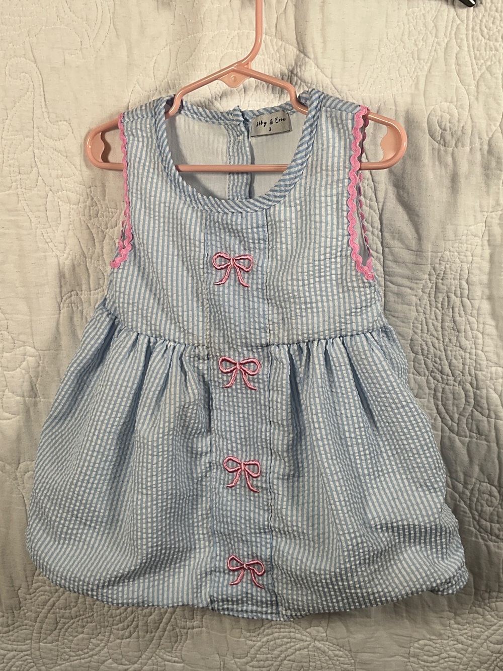 Blue Seersucker Girls Sleeveless Dress with Pink Trim